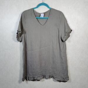 6130 Match Point olive green linen ruffle trim blouse L